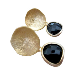 Black Onyx Earrings Gold Mushroom Coral
