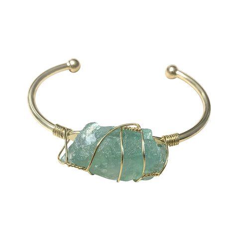 Green Fluorite Rough Gemstone Gold Bangle Cuff Bracelet