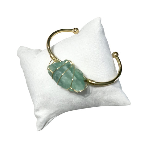 Green Fluorite Rough Gemstone Gold Bangle Cuff Bracelet